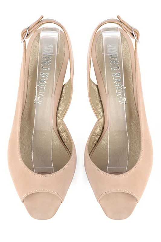 Powder pink women's slingback sandals. Square toe. High slim heel. Top view - Florence KOOIJMAN